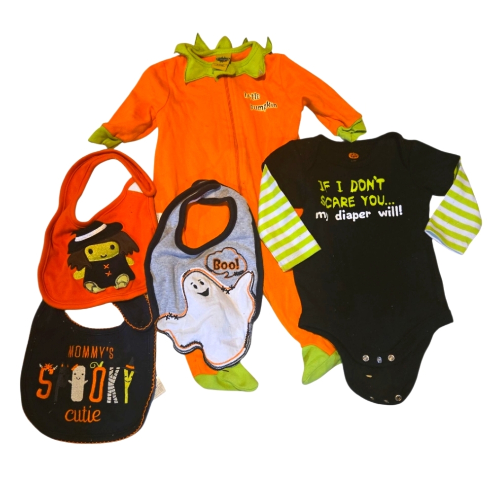 Halloween Pumpkin  Monster Baby Onesie, One Piece & Bib Set Lot, Size 3-6 Months
